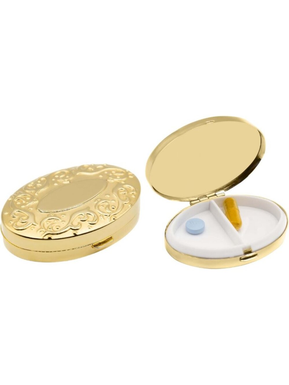 Set of 2 Oval Pocket Pill Boxes & Organizers with Dual Compartments - Gold